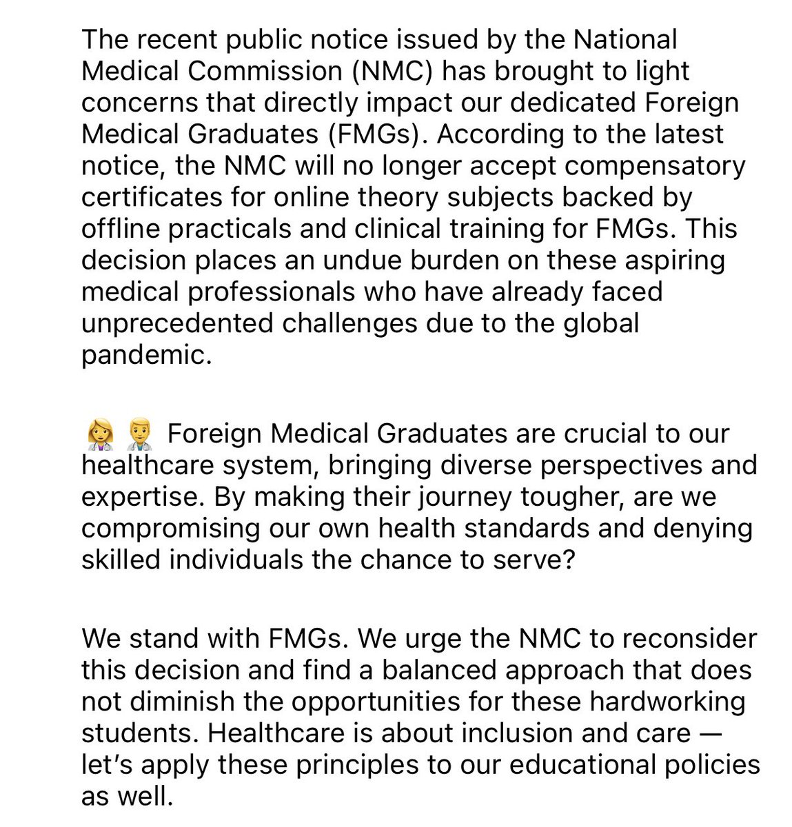 doc_akhilroyal's tweet photo. Despite FMGs cleared one of the tough medical exam ‘FMGE’ with doing one year of internship which proves their ability,knowledge &amp; skills!
@NMC_IND has published  notice regarding  the 2 &amp; 3 years clerkship plus internship.
@PMOIndia @MoHFW_INDIA @dryogendermalik @OfficeOf_MM https://t.co/hUtJtWplPF