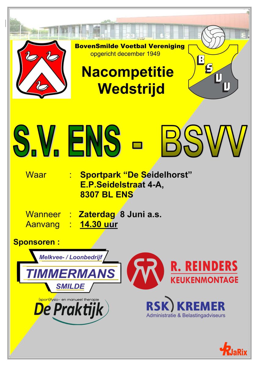 Matchday ⚔️

⚫️🟡

📰 Ens - <a href="/BSVV1/">BSVV</a> 
⚽️ Nr.  11 4a 🆚 Nr. 3 5e
📍 Ens
🕝 14:30 uur
🏆 nacompetitie (halve finale)

#SamenZijnWijBSVV