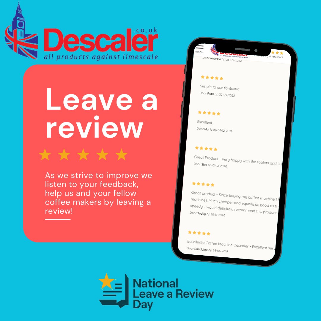 DescalerUK's tweet photo. Its National Review Day! If you've ever ordered or are planning to order at our website you can help us out by leaving a review about your experience with our products. Want to leave a review? Go to https://t.co/wpCXgrcJN0.☕⭐
#coffee #descale #customerfeedback #reviewday https://t.co/Z82Xkll3BC