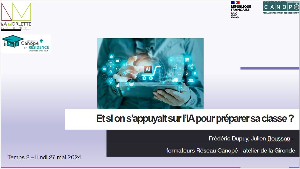 #résidence de @canope_33 au lycée pro La Morlette de <a href="/VilledeCenon/">Ville de Cenon</a>. Objectif : comment les #IA peuvent accompagner les pratiques enseignantes ? Générer des images d'espaces pro, créer des #chatbots spécialisés... Des pistes multiples à défricher ! Merci pour l'accueil !