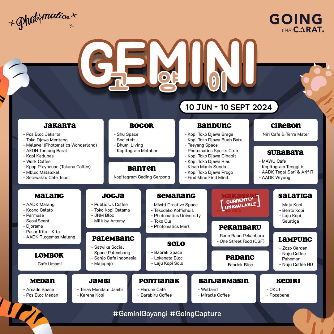GoingCarat_INA's tweet photo. 🐱 𝑮𝑬𝑴𝑰𝑵𝑰 고양이 🐯

Jun and Hoshi's Birthday PHOTOBOOTH EVENT by @GoingCarat_INA @photomaticsid

🗓️ 10 Jun 2024 - 10 Sept 2024
📍 Photomatics

Illustrators @sirrellin_ @Vichubuu

Don’t forget to share and post using the hashtags below!

#SEVENTEEN #Jun #Hoshi #GoingCapture https://t.co/QzA6aEktAp