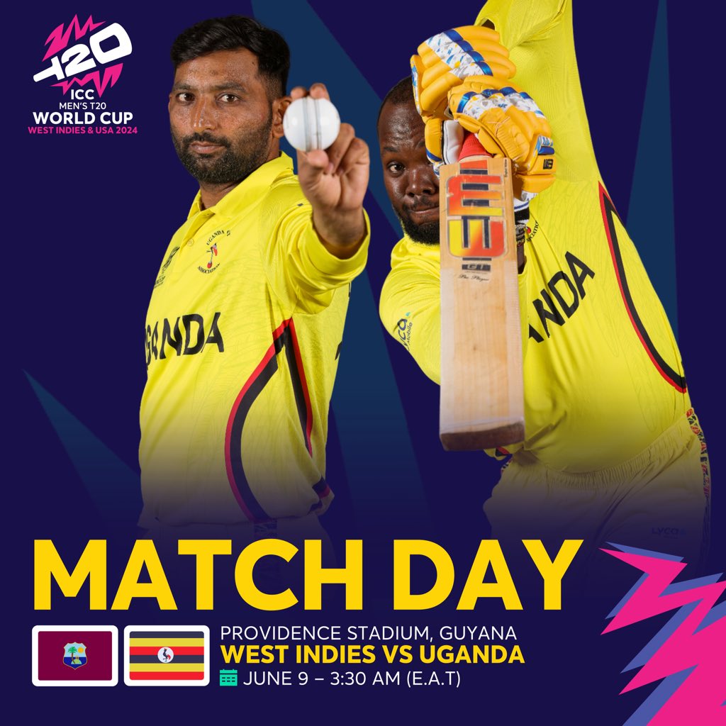 Cricket Cranes face off against co-hosts West Indies in the #T20WorldCup, set in Guyana at 3:30AM (EAT). 

Can Uganda 🇺🇬 secure the win and advance to 4 points in Group C standings? 🤔

Let’s, do this boys! 

#WeAreCricketCranes