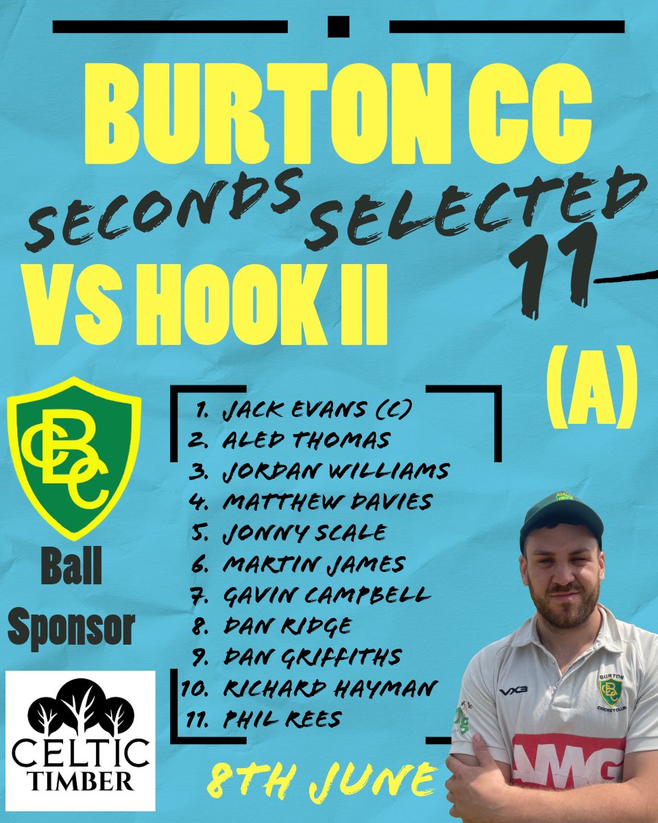 Burton Cricket Club (@burton_bcc) on Twitter photo 🏏TEAM NEWS🏏
It’s the battle of the Cleddau Bridge as the firsts host <a href="/pembrokedockcc/">PDCC</a> and the seconds make the short trip to neighbours <a href="/HookCricketClub/">Hook Cricket Club</a>
Once again we thank <a href="/celtictimber/">Celtic Timber</a> for being this weekend’s ball sponsor.
#UpTheTon 🏏TEAM NEWS🏏
It’s the battle of the Cleddau Bridge as the firsts host <a href="/pembrokedockcc/">PDCC</a> and the seconds make the short trip to neighbours <a href="/HookCricketClub/">Hook Cricket Club</a>
Once again we thank <a href="/celtictimber/">Celtic Timber</a> for being this weekend’s ball sponsor.
#UpTheTon