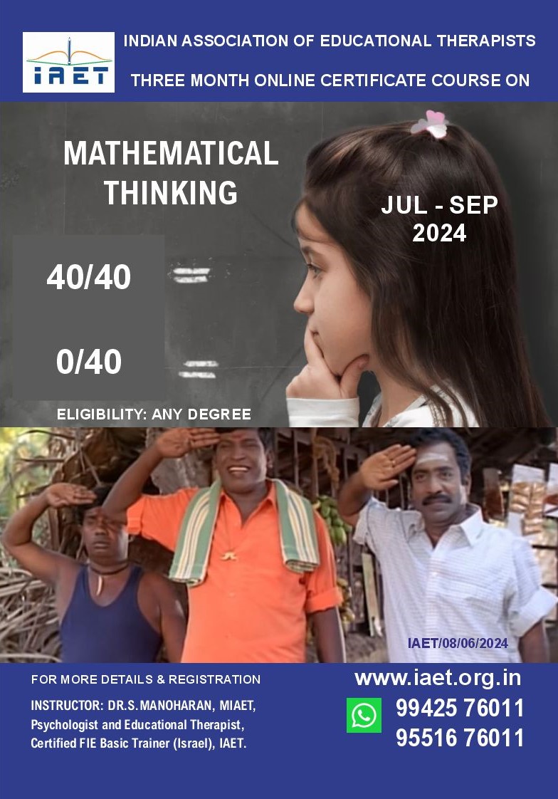 IAETonline's tweet photo. Mathematical Thinking course by IAET. Contact on WhatsApp: 099425 76011 Mobile: 9551676011 & 9551076011. Ph No: 044-26540611. #drmanoharansubburaj #psychologist #iaet #onlinecourse #mathematicalthinking #educationaltherapy #cognitiveeducation #lifeskillseducation #education https://t.co/U70YxsPSu5