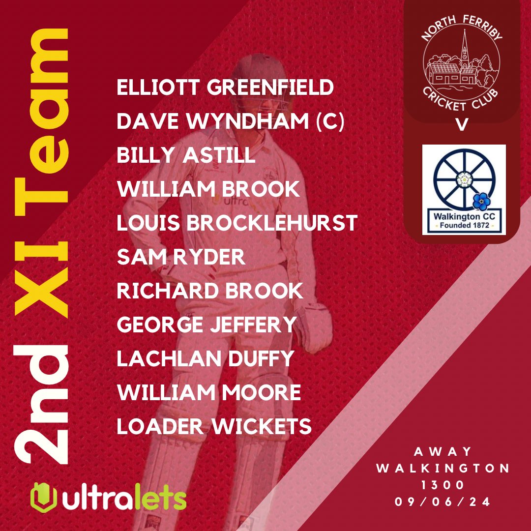 This is how the teams look this weekend 🏏 

The First XI host Beverley Town 3s today and the Second XI travel to Walkington tomorrow. 

Should see a fair bit of sun today, club bar open from 1pm 🍻