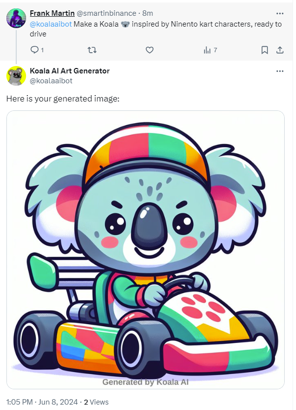 🐨 Exciting News! 🚀 You can now generate amazing images directly from X platform! 🖼️✨ 

1. Get some credits and register your X username in "my profile": art.koalaai.vip 

2. Start your tweet with <a href="/koalaaibot/">Koala AI Art Generator</a> and unleash your creativity! 🌟 #KoalaAI $KOKO