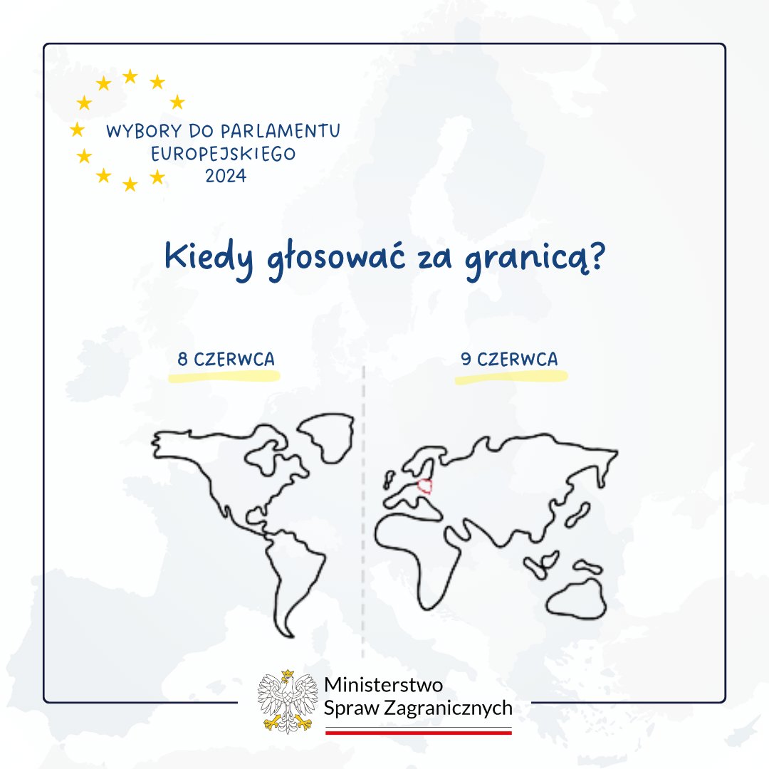 Głosujesz w #wyboryeuropejskie2024 za granicą? 🇵🇱🇪🇺

☑️ Pamiętaj, że w państwach Ameryki głosowanie odbywa się dziś, w sobotę 8 czerwca.
☑️ W pozostałych państwach – w Europie, Afryce, Azji i Australii – w niedzielę 9 czerwca.