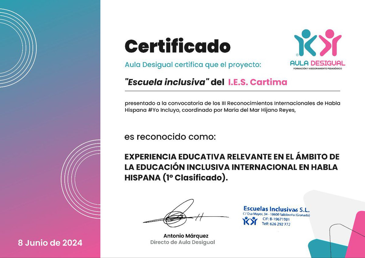 #Yoincluyo <a href="/AulaDesigual/">Aula DesIgual</a> Muchas gracias por el reconocimiento entre tantos proyectos con tanto valor.