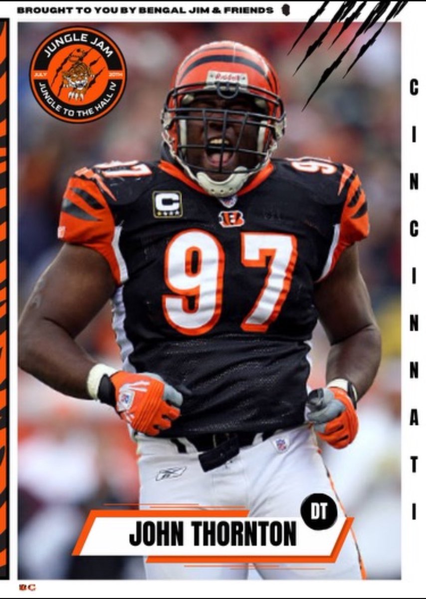 🚨 #JungleJamCommitments 🚨 

<a href="/JohnThornton/">JohnThornton</a>, one of the first Bengal FA signings of the Marvin Lewis era in 2003. One of the top offseason signings in Bengals history. Before Geno Atkins wore No. 97, John Thornton wore it as the glue of the Bengals defensive line.

Still makes