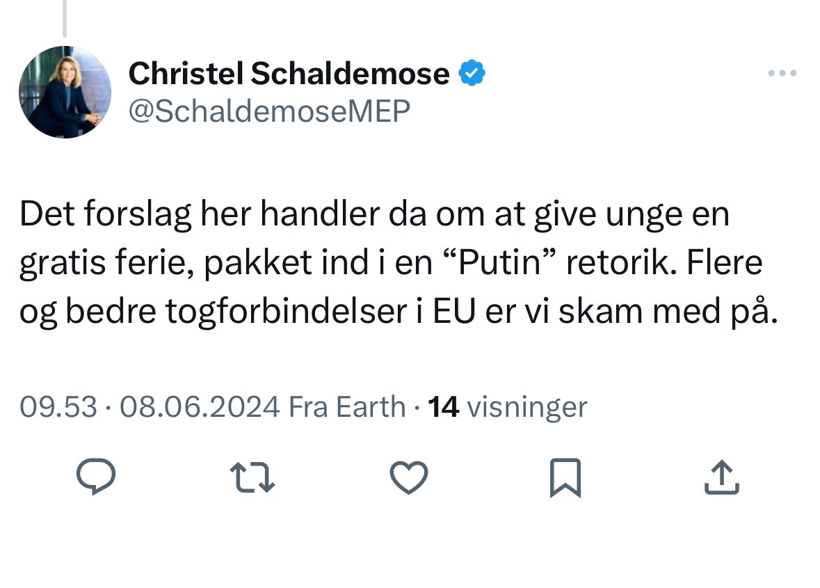 Kære <a href="/SchaldemoseMEP/">Christel Schaldemose</a> Ønsker dig et godt valg i morgen, men måske du kunne overveje, om det virkelig er værst, at SF også måtte få et godt valg i morgen? Sikker på, at dine vælgere foretrækker at høre hvad du og S vil. “Putin” retorik - det er altså for lavt!