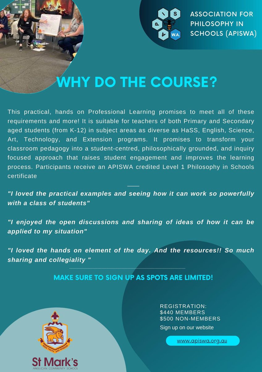 APIS - Association for Philosophy in Schools inc. (@apisinc) on Twitter photo We are delighted to offer our Level 1 Philosophy in Schools training 2nd-3rd August at St Mark's Anglican Community School. Come and learn how to develop Philosophical Inquiry & thinking skills. Limited spaces are available so book quickly! apiswa.org.au/workshops #p4c We are delighted to offer our Level 1 Philosophy in Schools training 2nd-3rd August at St Mark's Anglican Community School. Come and learn how to develop Philosophical Inquiry & thinking skills. Limited spaces are available so book quickly! apiswa.org.au/workshops #p4c