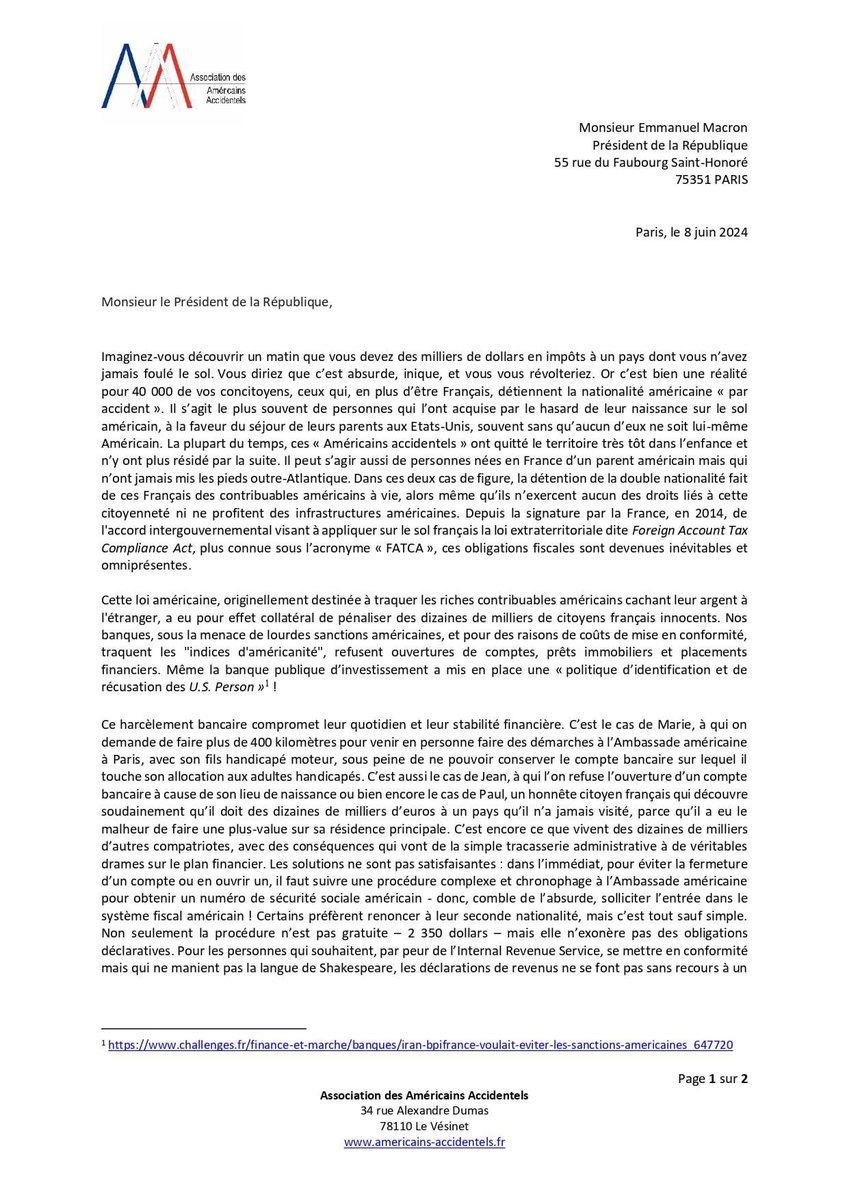 USAccidental's tweet photo. ✍ Aujourd'hui, j'ai adressé ce courrier au Président @EmmanuelMacron au nom des 40.000 citoyens français impactés dans leur quotidien par l'ingérence des lois extraterritoriales américaines.

⏳ Cela fait 9 ans que la situation est parfaitement connue par le @gouvernementFR et à mon grand regret, malgré les promesses, ce sujet est systématiquement dépriorisé.

🙏 𝐕𝐨𝐭𝐫𝐞 𝐬𝐨𝐮𝐭𝐢𝐞𝐧 𝐞𝐬𝐭 𝐜𝐫𝐮𝐜𝐢𝐚𝐥 ! Merci de liker, commenter et partager ce post pour m'aider à lui donner de la visibilité.

@afpfr @Reuters @AP @bpolitics @POLITICOEurope @BFMTV @CNEWS