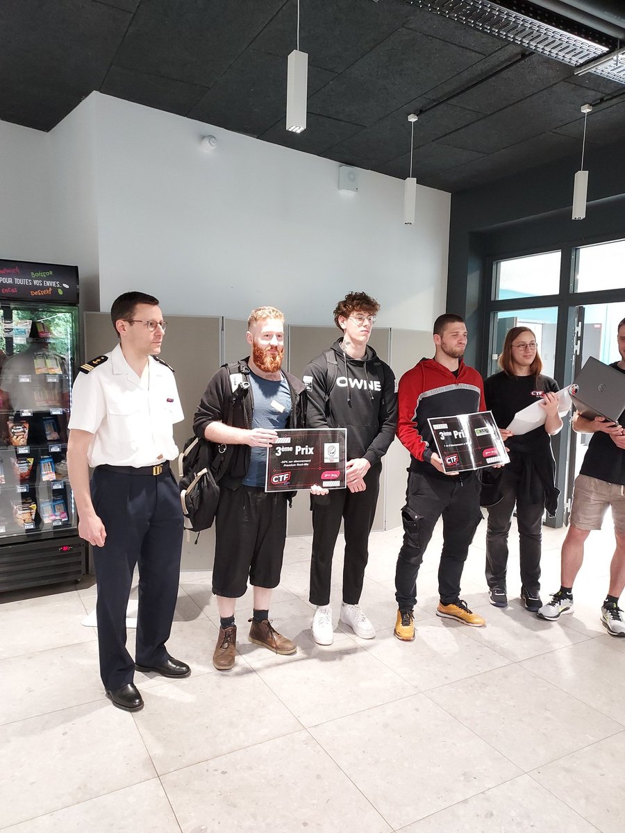 CTF ESAIP (@ctf_esaip) on Twitter photo 🏆 3ème prix
Félicitations à GhostintheShell pour cette troisième place lors de ce CTF
Prix remis par notre partenaire <a href="/MarineNationale/">Marine nationale</a> 🏆 3ème prix
Félicitations à GhostintheShell pour cette troisième place lors de ce CTF
Prix remis par notre partenaire <a href="/MarineNationale/">Marine nationale</a>