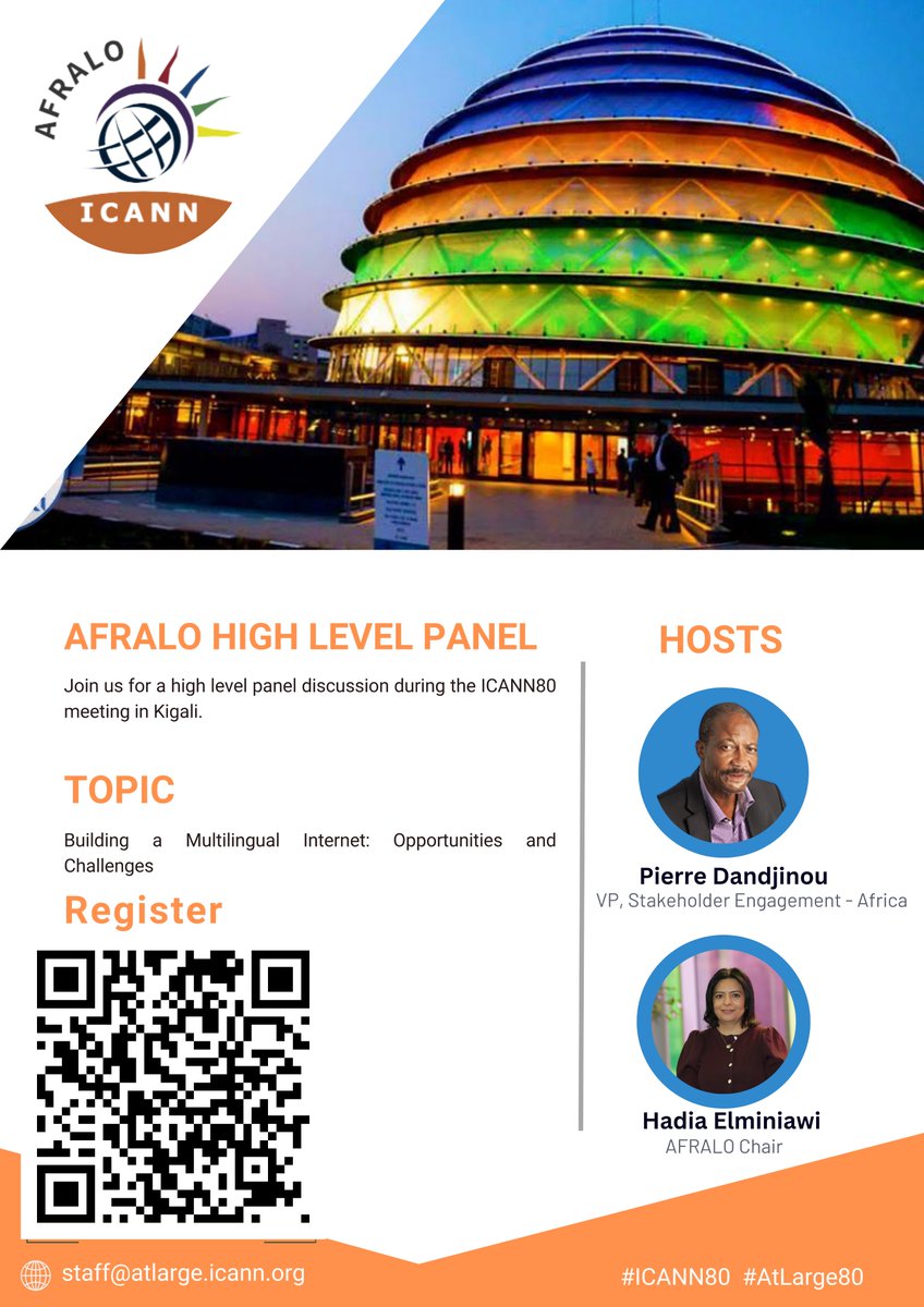🌍 Excited for the AFRALO high-level panel session at #ICANN80! 
Join the African community online or offline for insightful discussions. 
Check out the flyer for more details and register using the QR code. Don't miss out! 
#AtLarge80