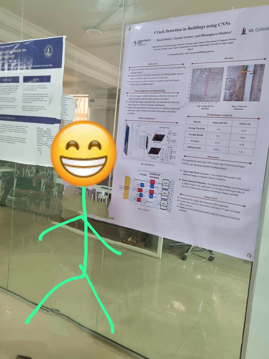 Yesterday, <a href="/Zeniiha/">/ˈzeɪ.næb/</a>, <a href="/Yusuf_Olaniyi1/">Yusuf_Olaniyi</a> and I presented a poster at <a href="/IndabaXNigeria/">IndabaxNigeria</a> on our ongoing research work on crack detection in buildings using CNNs. Our poster came second. 🥳🎉

Really glad to work on something really interesting ☺️