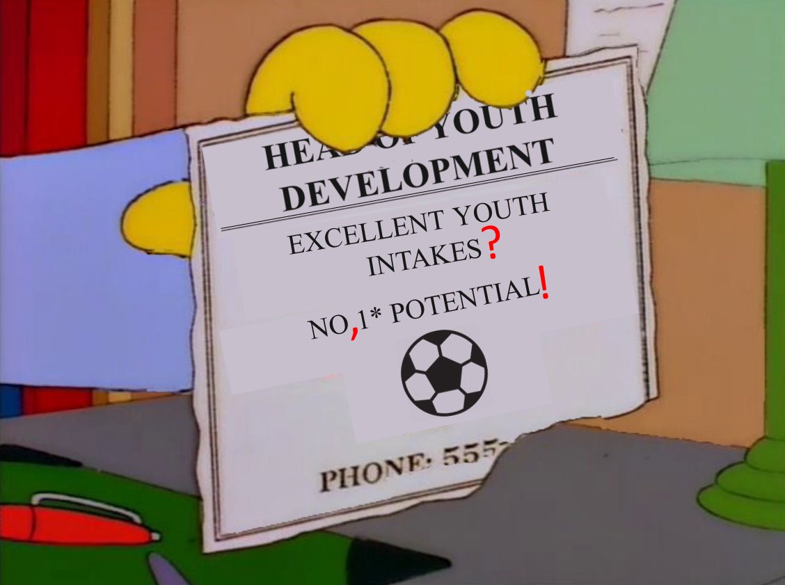FM_Simpsons's tweet photo. Me after getting trash in the youth intake: "But you said the youth intake was going to be 'Excellent'"

My Head of Youth Development: "Oh! They got this all screwed up" https://t.co/rtXlbmnAvy