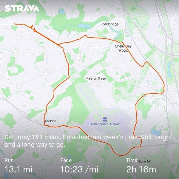 Run_For_Fun_50's tweet image. Saturday morning half marathon. Training for #Solihullhalfmarathon in Aug. 3 mins quicker than last week 😃😃😃 strava.app.link/DT7UBxS0fKb