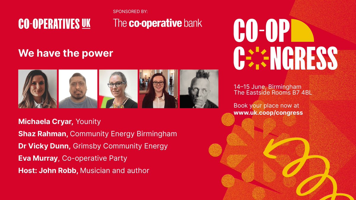 CooperativesUK's tweet image. We've got a #electric line up of speakers joining the conversation at #CoopCongress for our session on Saturday 15 June covering all things #CommunityEnergy! 💪 🔋  

See the full line-up of sessions &amp;amp; book your place 👉  uk.coop/congress 

#ClimateCrisis #RenewableEnergy