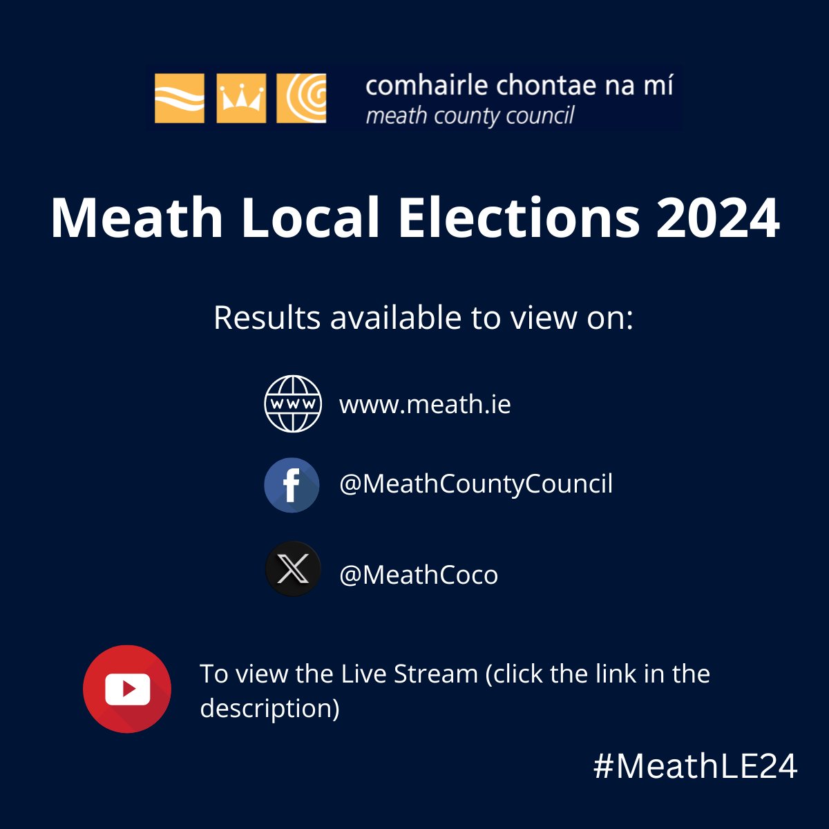 The Local Election count starts tomorrow, Sunday 9th June at 9 am, in Simonstown Count Centre.  Join us on YouTube at youtube.com/live/6Cw6f2PmI…  as we stream the results live! 

Results will also be published on meath.ie, Facebook and Twitter. #MeathLE24