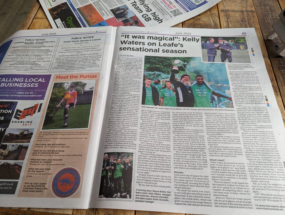 Pick up this month's paper to read our interview with manager Kelly Waters, after <a href="/AFCWhyteleafe/">AFC Whyteleafe</a>'s table-topping season! 
#leafe #whyteleafe #afcwhyteleafe