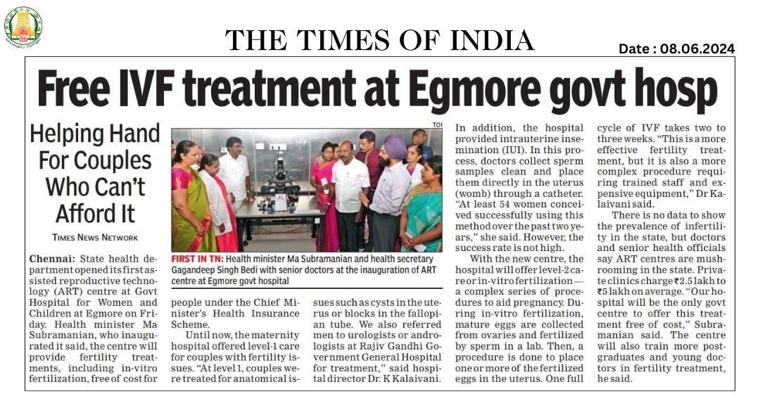 Dr. Subair Khan (@drsubair_khan) on Twitter photo A commendable move towards inclusive healthcare led by our Hon'ble CM Thalaivar <a href="/mkstalin/">M.K.Stalin</a>, as the State Health Department opens the first ART center at Egmore Govt Hospital. Providing free IVF treatments to couples in need is truly a beacon of hope for those facing fertility A commendable move towards inclusive healthcare led by our Hon'ble CM Thalaivar <a href="/mkstalin/">M.K.Stalin</a>, as the State Health Department opens the first ART center at Egmore Govt Hospital. Providing free IVF treatments to couples in need is truly a beacon of hope for those facing fertility