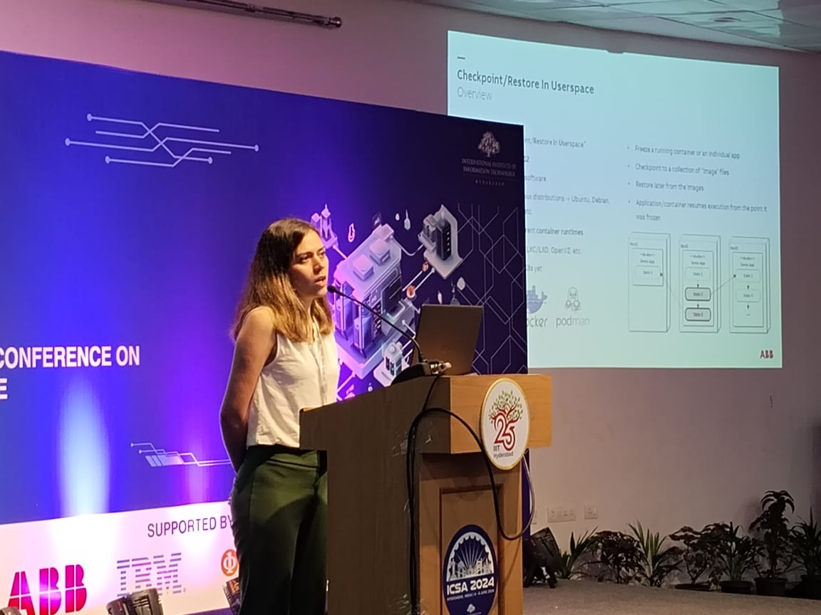 Nafise Eskandani from ABB Research (Germany) shared their experience about "The State of Container Checkpointing with CRIU: A Multi-Case Experience Report" #ICSA2024 #WeAreICSA