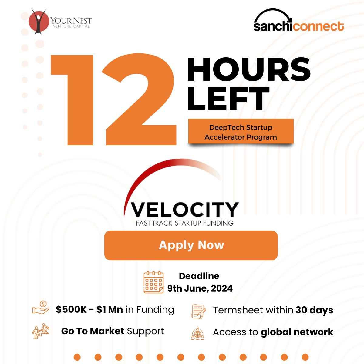 SanchiConnect (@sanchiconnect) on Twitter photo 12 hours to go!
Velocity – Fast-Track #Startup #Funding Program applications are ending soon!
<a href="/SanchiConnect/">SanchiConnect</a> + <a href="/YourNestVC/">YourNest VC</a> invites you to join this game-changing #accelerator program, focused on #DeepTech
Deadline - Sunday, June 9th, 2024.
Apply now: bit.ly/3V7aVtb 12 hours to go!
Velocity – Fast-Track #Startup #Funding Program applications are ending soon!
<a href="/SanchiConnect/">SanchiConnect</a> + <a href="/YourNestVC/">YourNest VC</a> invites you to join this game-changing #accelerator program, focused on #DeepTech
Deadline - Sunday, June 9th, 2024.
Apply now: bit.ly/3V7aVtb