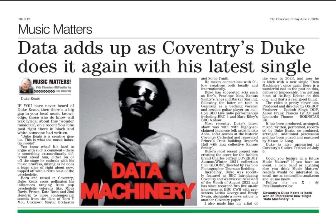 dukekeats's tweet photo. Huge thank you to @PeteChambersCov & @covobservernews for including a beautiful written article about me in yesterdays newspaper. After being chosen as the #coventryobserver artist of 2023. I'm honoured to have the support from my city. https://t.co/or9Mtuxnfu