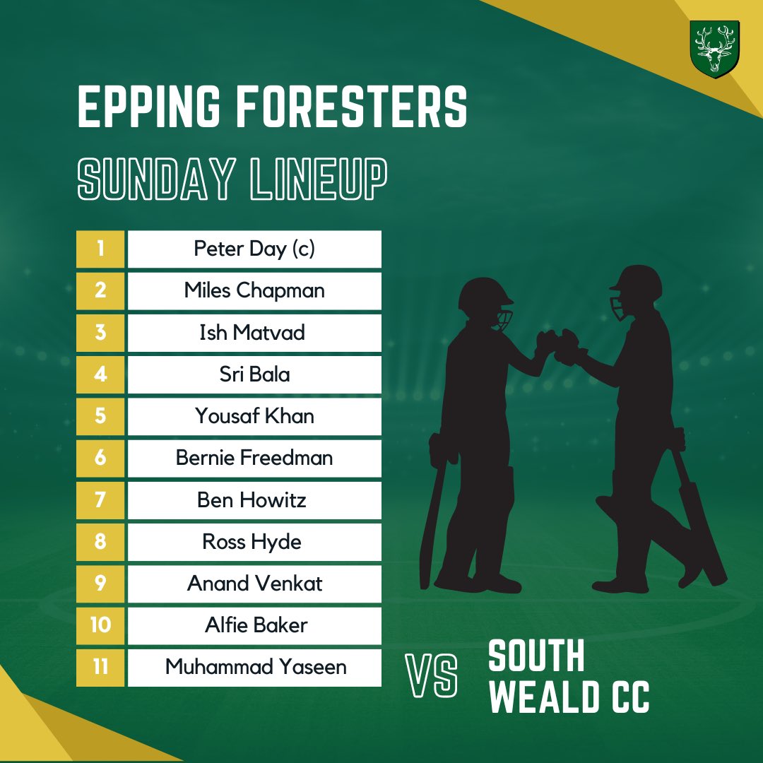 Epping Foresters CC (@eppingforesters) on Twitter photo Here’s how we line up this weekend 🏏
Let’s hope it is a winning weekend all round! Good luck lads 🦌 Here’s how we line up this weekend 🏏
Let’s hope it is a winning weekend all round! Good luck lads 🦌