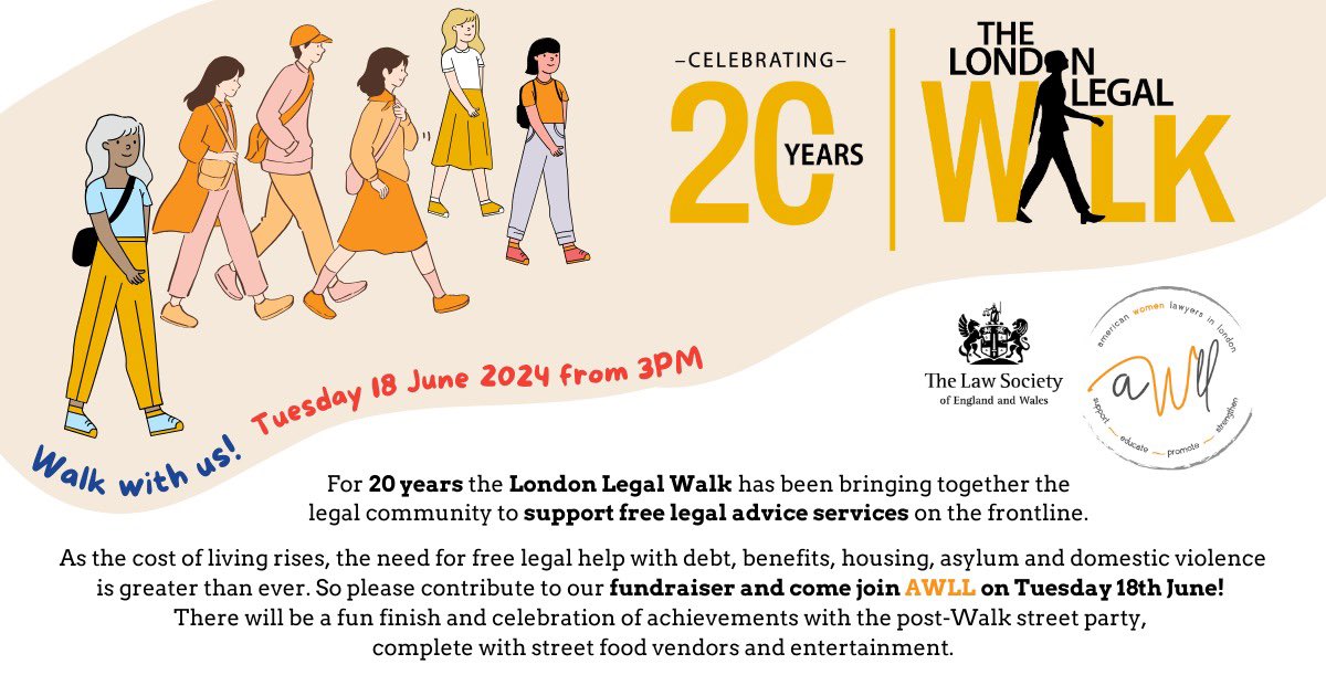 AmericanWLL's tweet photo. It's that time of year again! Join @AmericanWLL for the ✨2⃣0⃣th✨annual @londonlegal walk, Tuesday 18 June! We will walk 10km to support some of the most vulnerable members of society access free legal advice. If you can’t walk, please donate 🙌

https://t.co/TDMGXLUbG0 https://t.co/fWXYjEcr4M