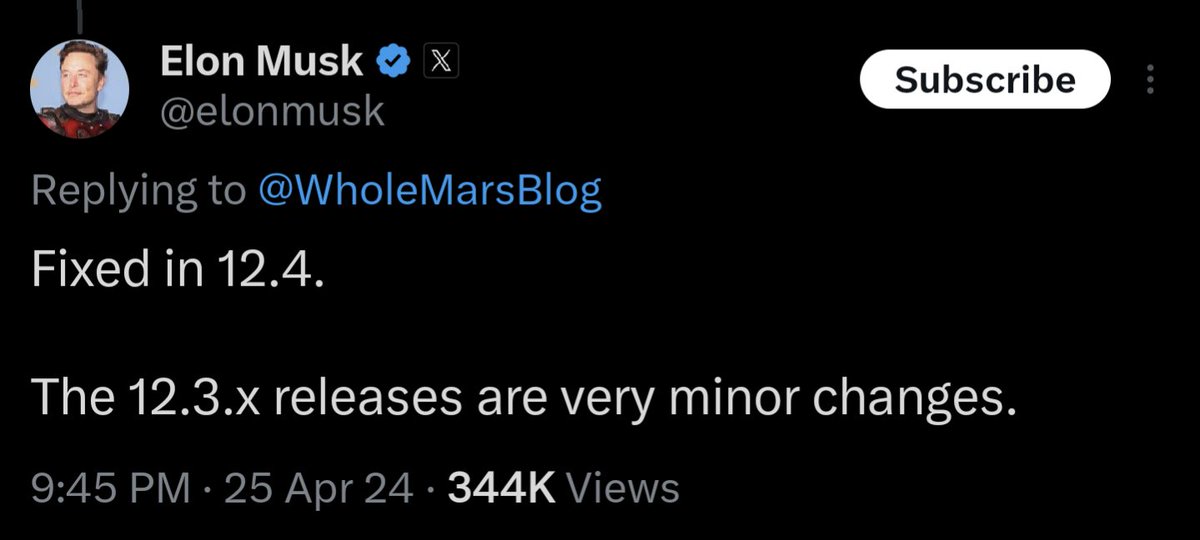 SantoroSystems's tweet photo. On March 18th you said significant improvements rolling out every two weeks, then like 6 weeks later you said the 12.3 releases are very minor, then you said v12.4 is a 5 to 10x improvement.
I think it's too early to say how good V12.4 is. But we are really at the point where we need to start seeing at least monthly massive improvements.
I'm not trying to be pessimistic, but the initial videos of 12.4 don't look great, they don't look like a 10x improvement.