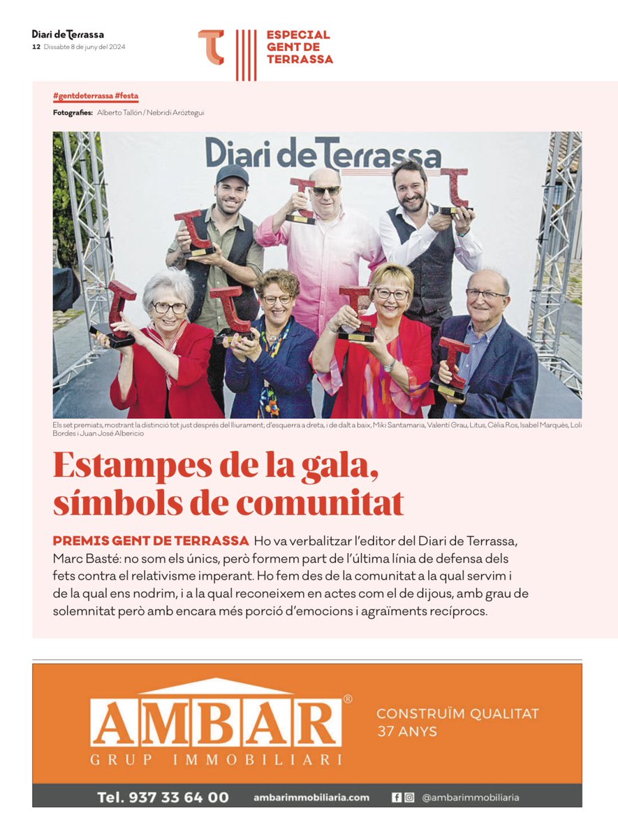 mbaste's tweet photo. El @DiarideTerrassa d’avui és una edició per conservar! Homenatge a #Terrassa amb un especial de la gala dels Premis #GentdeTerrassa2024 . Correu al quiosc! https://t.co/pcAV6n3XUS