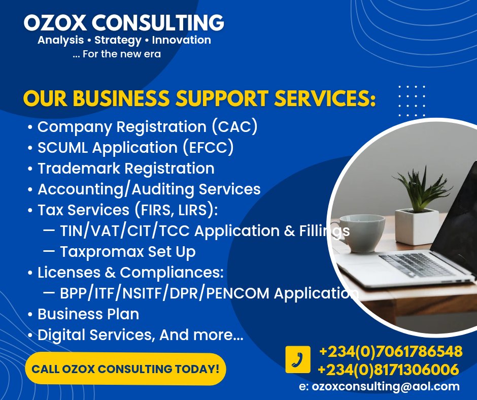 OzoxConsulting's tweet photo. We provide full Business Support services and take all the hassle from you. Our business support services range from application of all kinds of Licenses &amp; Permits; Taxes &amp; Auditing services; IT &amp; Digitals Services_.

Call us today! 
+234(0)7061786548
+234(0)8171306006(WhatsApp) https://t.co/5KwYUWteOa