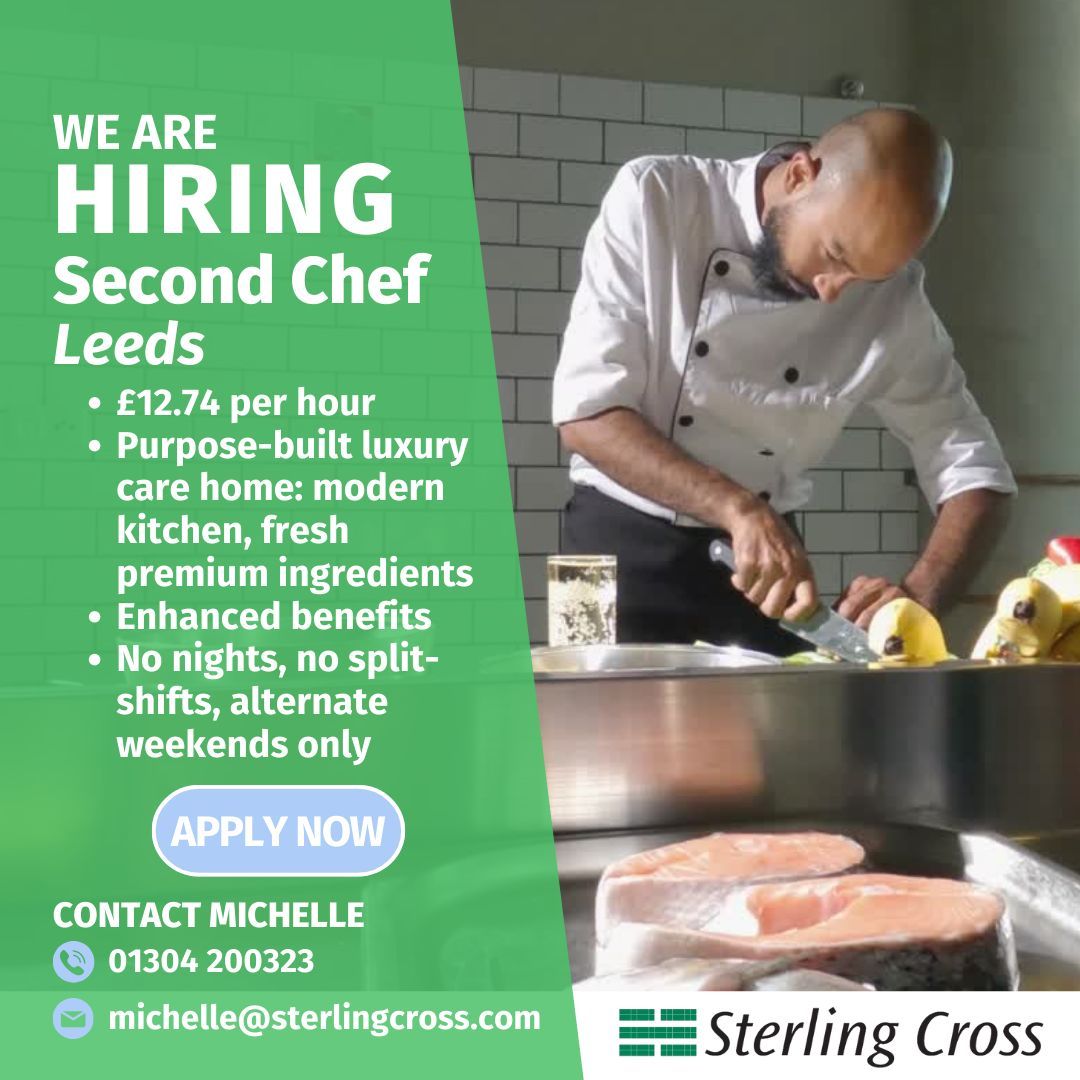 _SterlingCross_'s tweet photo. New #Chef opportunity in #Leeds! Join a local #luxury #carehome as their #SecondChef & help ensure only the very best #hospitality – get creative with seasonal foods, no microwaves allowed 🥦 Contact #Michelle @ michelle@sterlingcross.com #culinaryjobs #chefjobs #foodservicejobs https://t.co/CwJHMV5Qqh