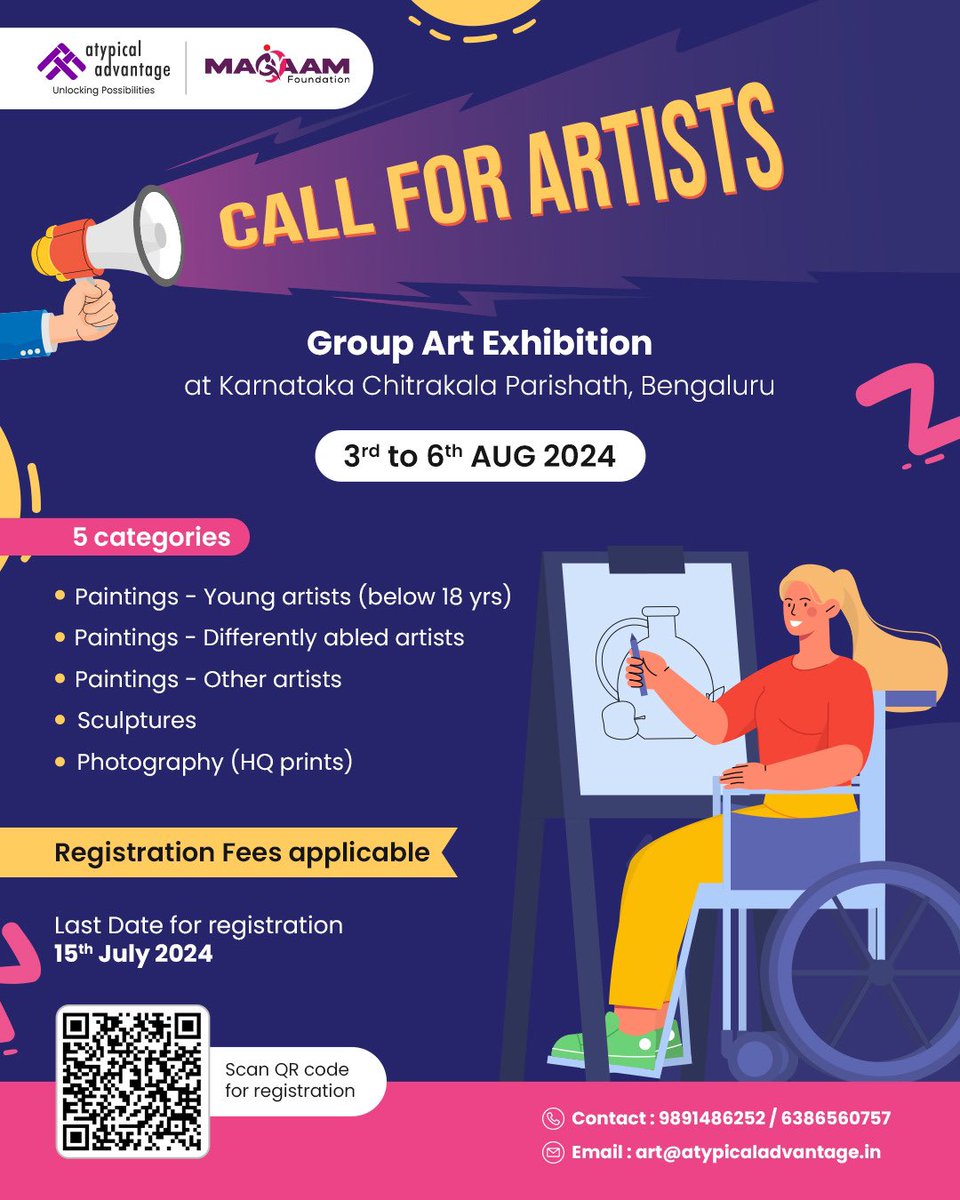 Maqaam Foundation (@maqaamf) on Twitter photo 🎨✨*CALL FOR ARTISTS*✨🎨
Join us for a Group Art Exhibition at Karnataka Chitrakala Parishath, Bengaluru!
📅 Exhibition Dates: 3rd August to 6th August 2024
*💵 Registration Fees are Applicable
Registration link: *t.ly/KtMjr*
📧 Email: art@atypicaladvantage.in 🎨✨*CALL FOR ARTISTS*✨🎨
Join us for a Group Art Exhibition at Karnataka Chitrakala Parishath, Bengaluru!
📅 Exhibition Dates: 3rd August to 6th August 2024
*💵 Registration Fees are Applicable
Registration link: *t.ly/KtMjr*
📧 Email: art@atypicaladvantage.in