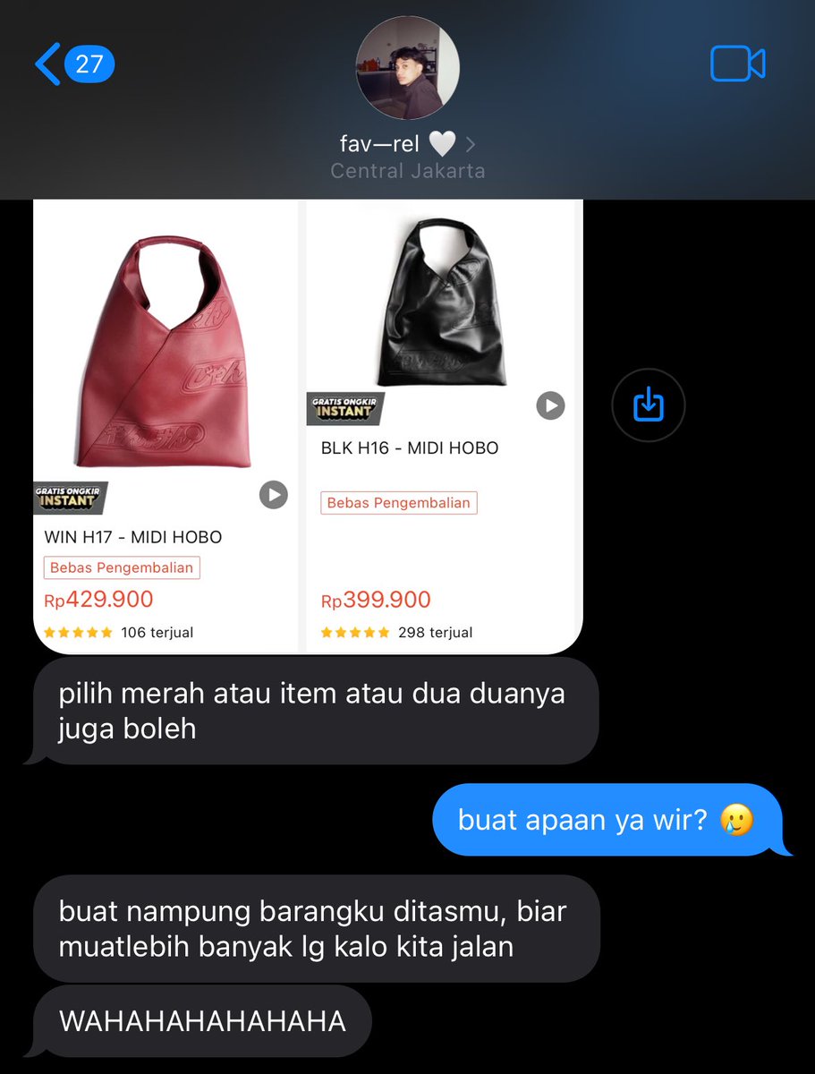knp ya cowo males bawa tas kalo pergi?
pacarku juga gitu. jadinya semua barangnya dititip ke tasku yg rata-rata mungil nano micro ini. sampe kemarin aku ngomel.

trus, instead of beli tas untuk dia, liat apa yg dia lakukan: BELIIN AKU TAS GEDE BIAR MUAT BANYAK. 😮‍💨