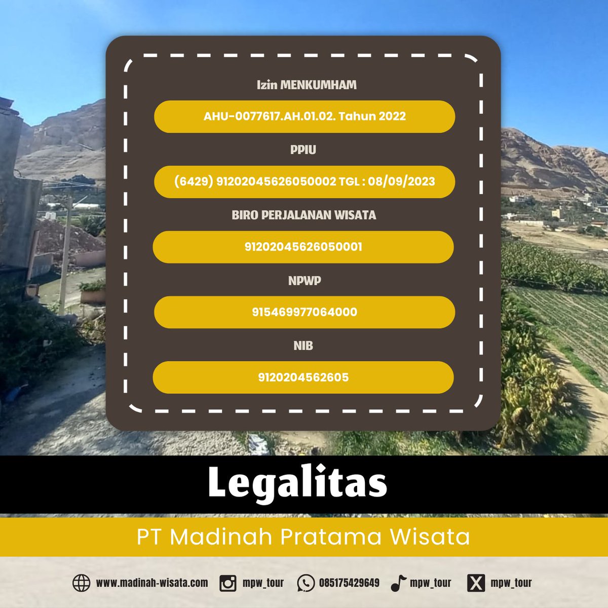 Yukk berkenalan dengan Madinah Pratama Wisata!

PT Madinah Pratama Wisata adalah Perusahaan travel umrah yang terdaftar dari Kementrian Agama dan bersertifikat resmi loh ✨
INFO UMROH &amp; Wisata
————
Untuk informasi lebih lanjut, hubungi kami di nomor

✅ ADMIN 0851-7542-9649