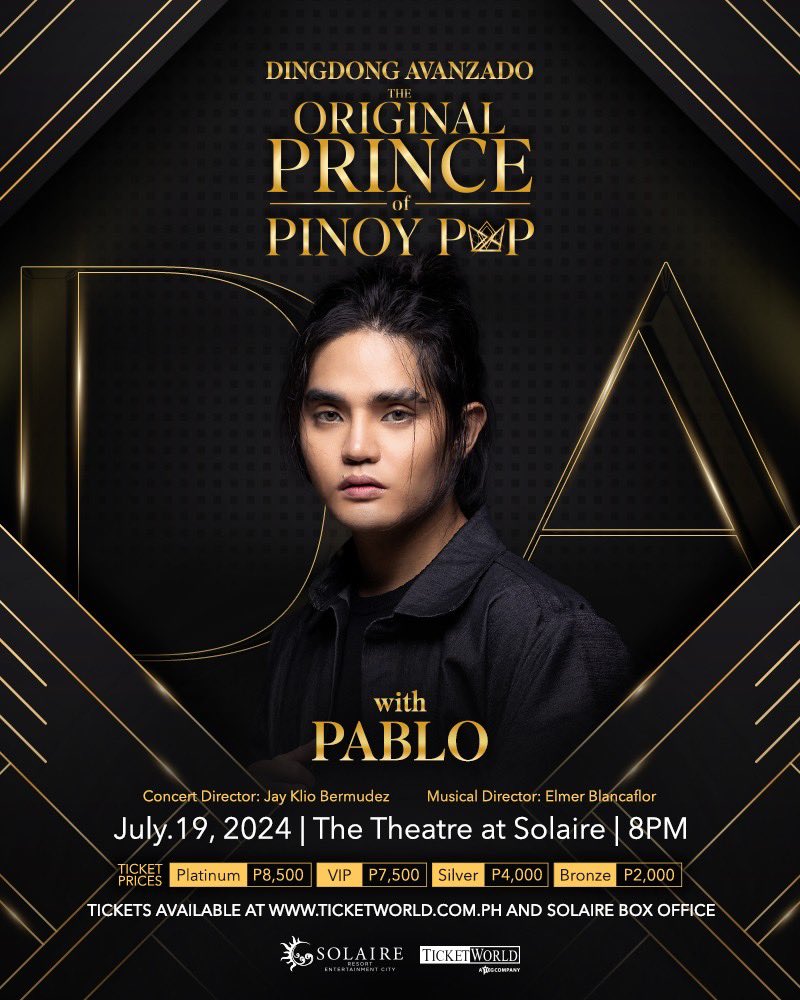 iamdingdong_A's tweet photo. My Special guest 4 my upcoming concert,THE ORIGINAL PRINCE OF POP this July 19, 2024 Friday at the Theatre at Solaire,P-POP Legend and my Bias from SB-19, PABLO. @imszmc #TOPOPP for tickets:
https://t.co/ByVW4C9OhX https://t.co/cZZLtR2ruh