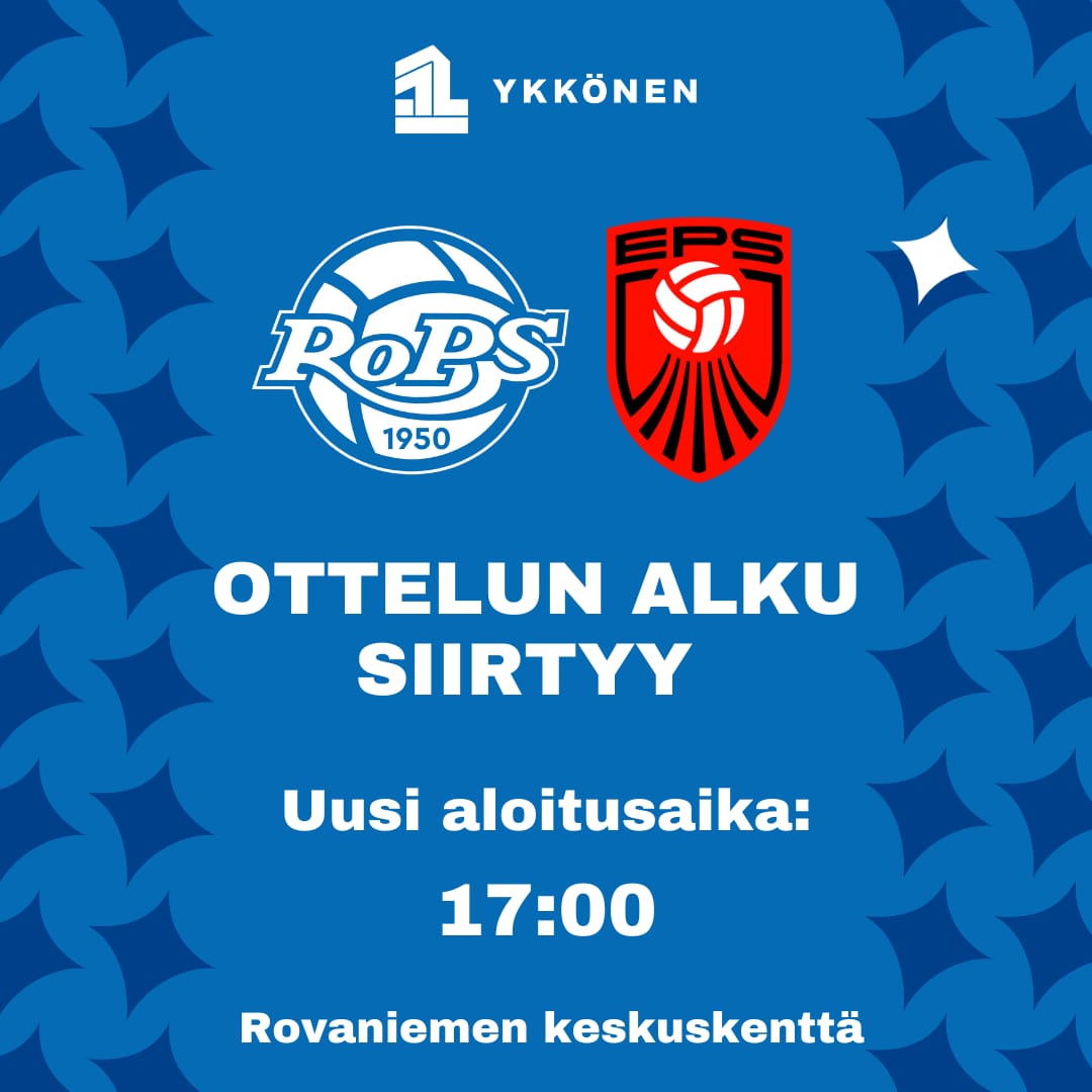 HOX! 

Ottelun alku Rovaniemen Keskuskentällä viivästyy tunnilla.

Uusi aloitusaika klo 17:00.

#rops #miestenykkönen