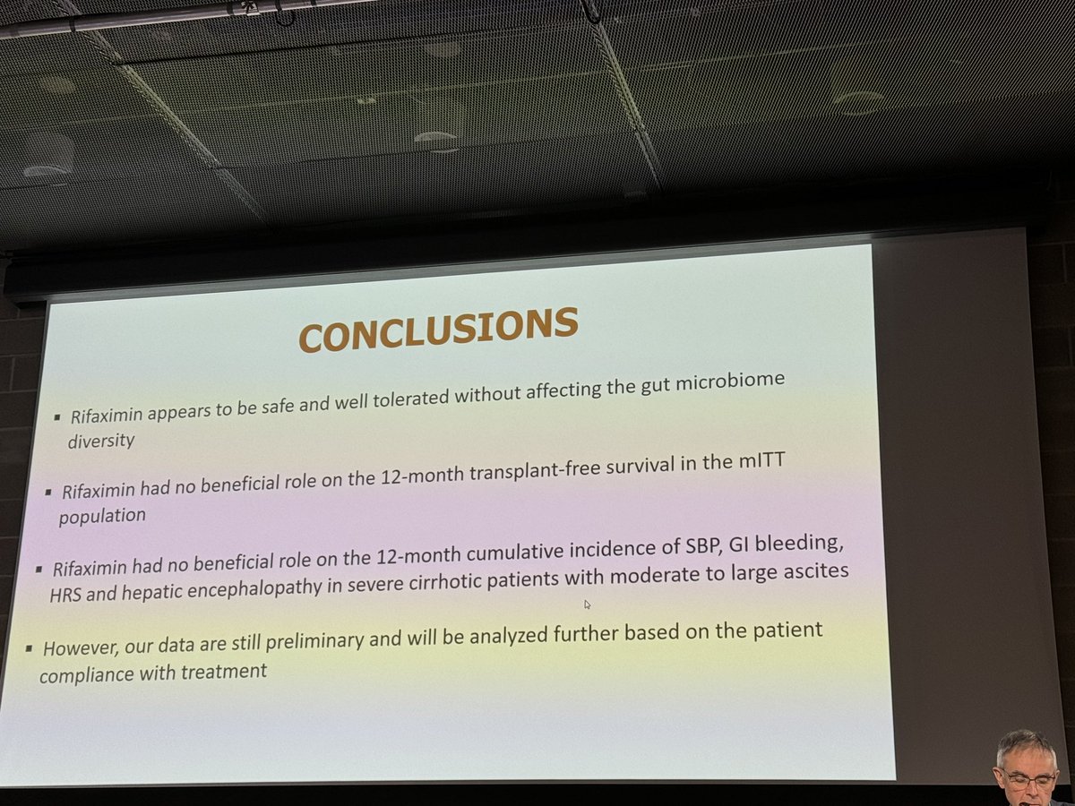 Time of death for primary #SBP prophylaxis =now <a href="/EASLnews/">EASLnews</a> 
#EASLCongress 
Adding to growing evidence of poor efficacy <a href="/VAResearch/">VA Research</a> (pubmed.ncbi.nlm.nih.gov/36645215/). Rifaximin not associated with any survival or #SBP occurrence in large 🇫🇷 multicenter study
Less is more!!