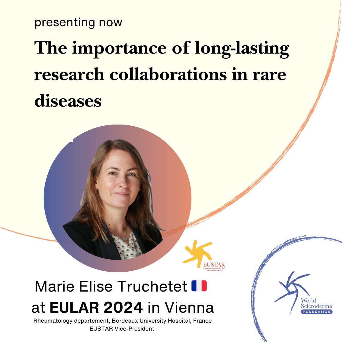 Worldsclerofnd's tweet photo. Highlighting Marie-Elise Truchetet ๐ซ๐ท at #EULAR2024 in Vienna during the session "Effective Collaboration in Research". โจ
#EULAR2024 #Vienna #Scleroderma #WorldSclerodermaFoundation #SystemicSclerosis https://t.co/KeH1Y9cDcr