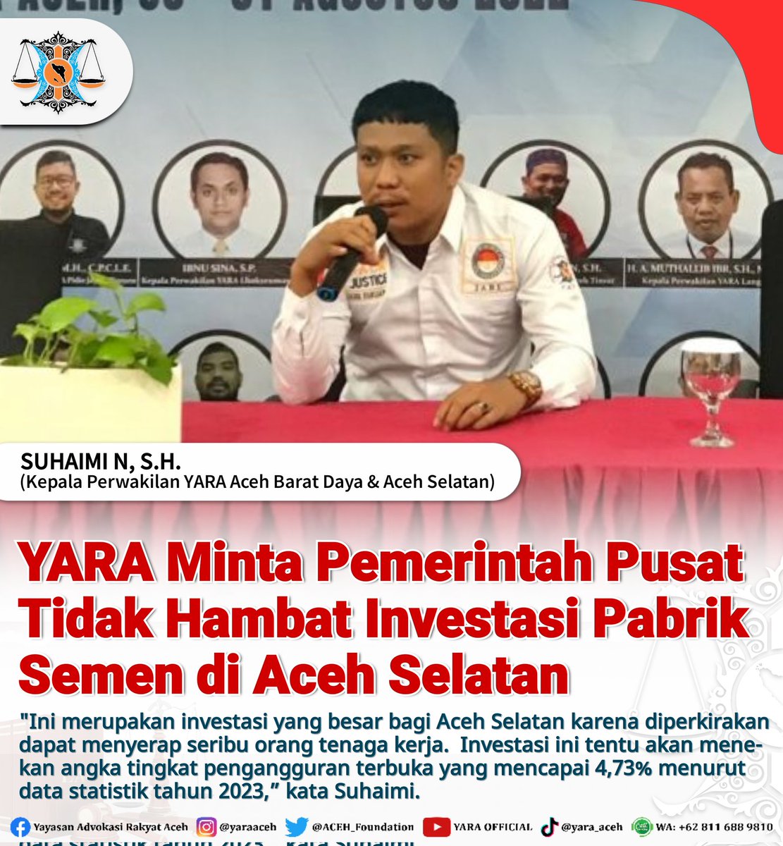 ACEH_Foundation's tweet photo. 📰 #PublicUpdate | Kepala Perwakilan YARA Aceh Selatan, Suhaimi N, S.H., meminta Pemerintah Pusat tidak mempersulit Investasi di Aceh Selatan. Dengan investasi Rp10 Triliun lebih &amp; akan menyerap tenaga kerja lokal 1000 orang lebih dengan estimasi 4 tahun lebih masa konstruksinya. https://t.co/o5TTOTnBQl