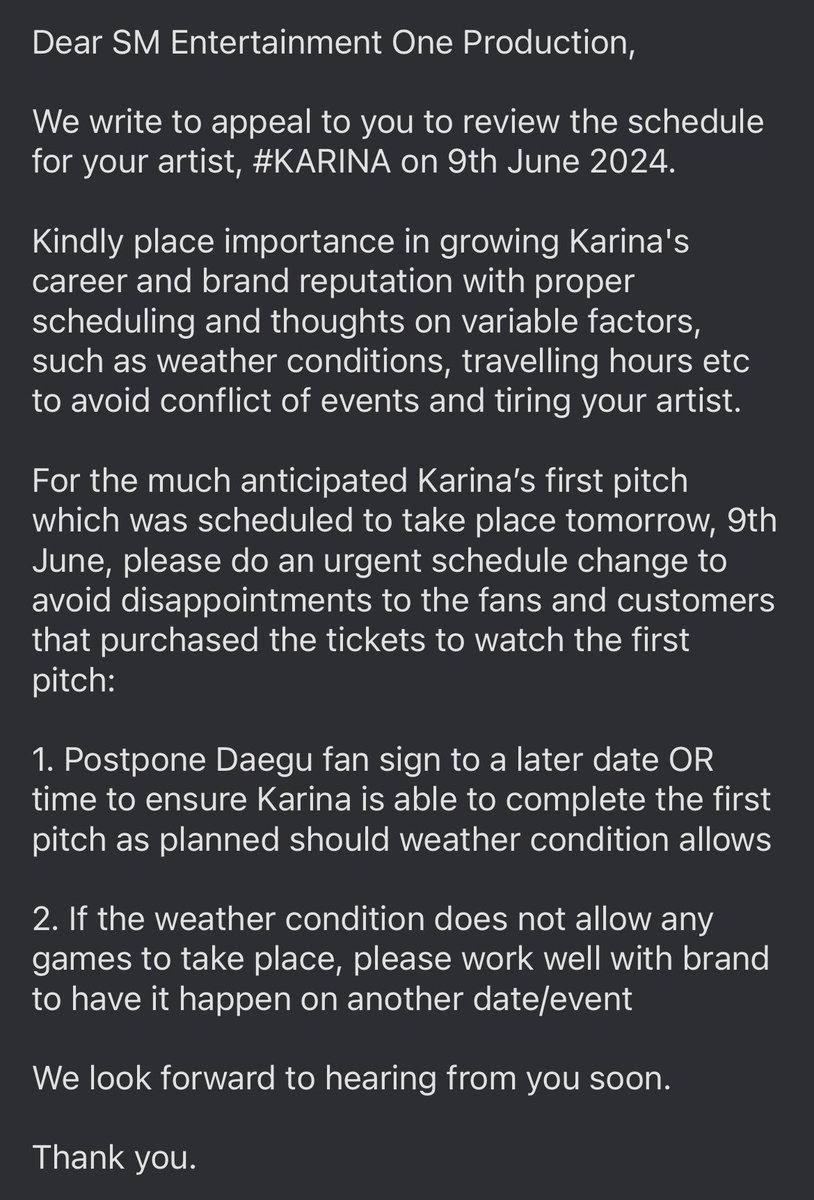 immayoon's tweet photo. APPEAL TO ADJUST KARINA SCHEDULE

We hereby seek SM Entertainment to review and adjust Karina’s schedule for Lotte Giants First Pitch and ensuring improvements in future plannings. 

@SMTOWNGLOBAL @aespa_official https://t.co/GZNdG4E9MM