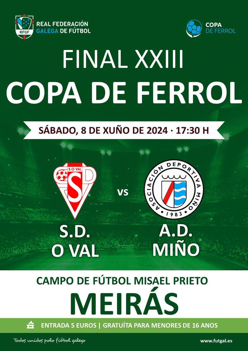 RaulVillares's tweet photo. Hoxe volvemos a emoción da #CopaFerrol coa final entre @sdovaldenaron e @_AD_MINO  as 17:30 horas no Misael Prieto 
Partido de @GALICIANGOLES coa análise de @NesyOtero https://t.co/cF2P7hfKcb