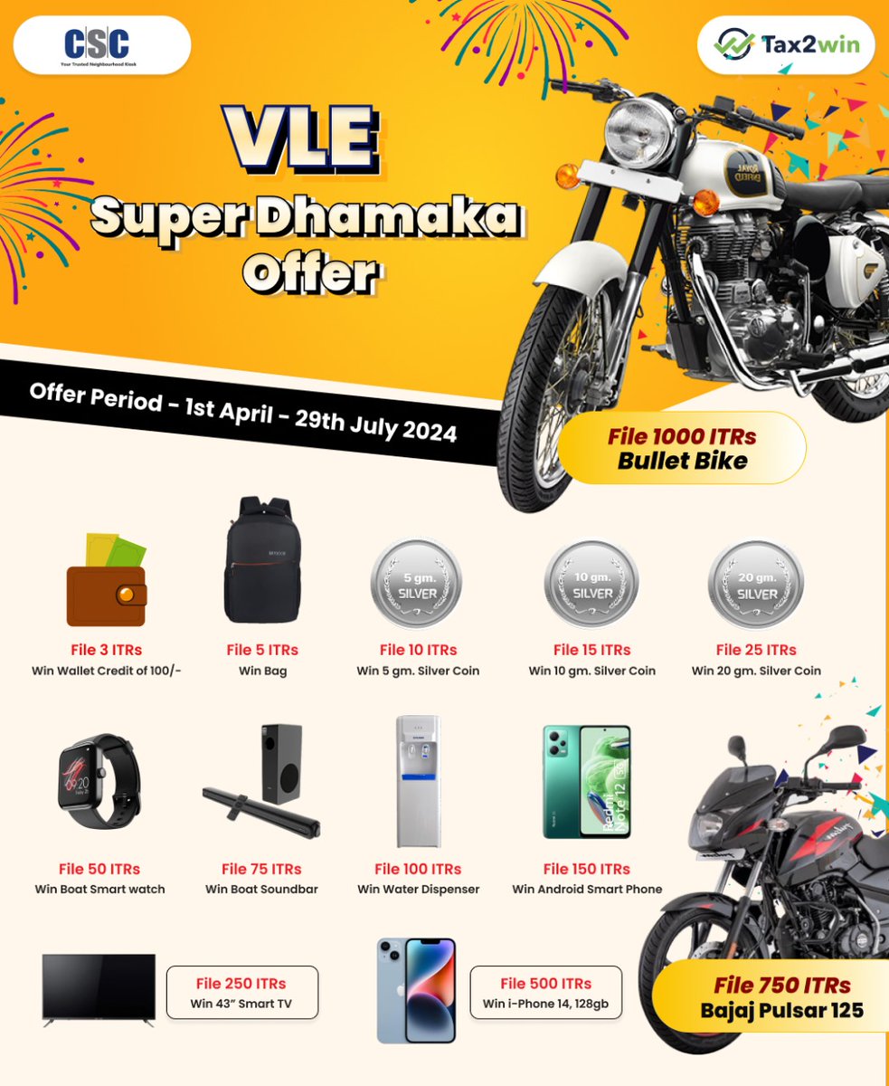 CSCegov_'s tweet photo. VLE Super Dhamaka Offer...
File ITR for FY 2023-24 & WIN Exciting Prizes.
Contest Valid till 29th July, 2024...
For any queries, call us at 14599 or write to helpdesk@csc.gov.in
#IncomeTax #FinancialInclusion #ITRFiling #CSC #Tax2Win #DigitalIndia #VLEDhamakaOffer #ITRContest https://t.co/OAZMIjjzcQ