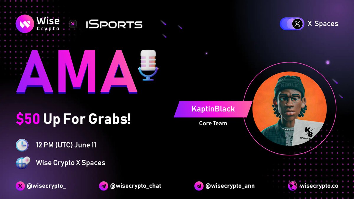 WiseCrypto_'s tweet photo. 🥳 Wise Crypto & iSports AMA
⏰ Time: June 11, 12 PM (UTC)
🎁 $50 for 5 Best Live Questions
🔸Follow @iSportsgame & @WiseCrypto_
🔸Rules https://t.co/XFGTTr4Cc6
🔸Like, RT & Tag 3 Friends
📍Set Reminder: https://t.co/SQQK6fMDC8
#AMA #WiseCrypto #iSports #XSpaces #zkSync https://t.co/Neq7Ceyx2Y