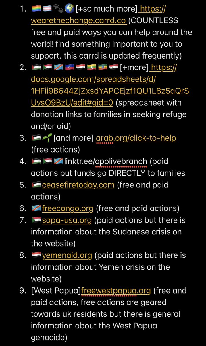 ctrlglow's tweet photo. before we continue, here are some resources as to how you can help around the world. there are donations, informational reads, and other free ways to help. this app isn’t letting me post resource links so this is the next best thing for now! screenshot, copy &amp; paste. SUPER EASY🫶🏼 https://t.co/nbknCFITt3