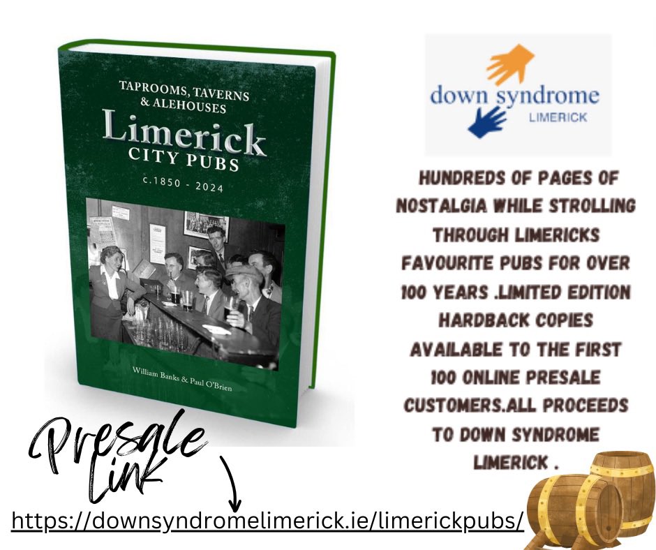 DSLimerick's tweet photo. Do you know which Limerick pub was run by an Irish President’s family? Find out this and more in this fab book of nostalgia written by Dr Paul O’Brien & William Banks! Be sure to reserve your copy now!
Buy at https://t.co/BeQ77fSO9M
#LimerickPubs #LimerickHistory @FearStairLmk https://t.co/1FYb9wFabO
