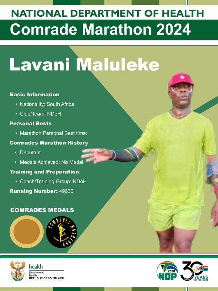 HealthZA's tweet photo. #HealthMovers for #ComradeMarathon
Goodwill message for the NDoH Comrade Marathon 2024 Team from the Director-General, Management and Staff:
"As the saying goes, 'Marathons are run not just by legs, but by hearts' - Your determination, courage, and spirit will carry you through." https://t.co/qI0agfLvm6