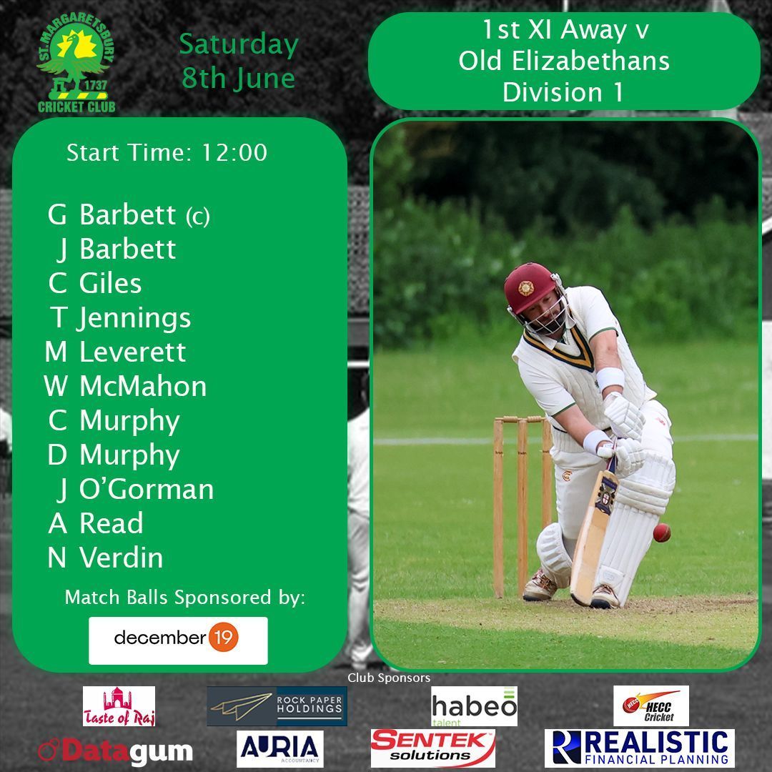 stmargscc's tweet photo. Teams for today's matches:
1s v Old Elizabethans (a)
2s v Old Elizabethans II (h)
3s v Hertford IV (h)
4s v Knebworth Park IV (a)
Matchs ball kindly sponsored by @december19media. December19, Home of smart media planning and buying.
#STMCC #UpTheBury https://t.co/Zi9J5UHNxD
